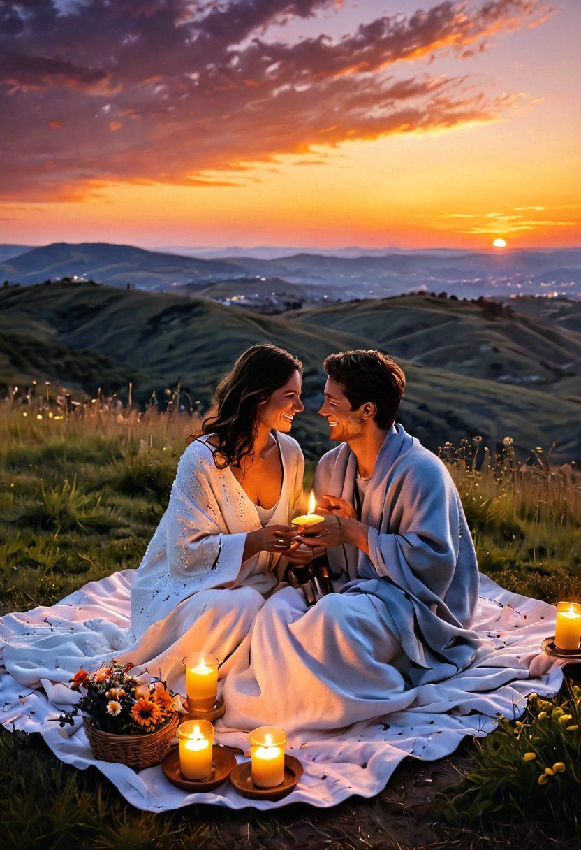 A romantic sunset picnic on a hilltop with a couple sharing a cozy blanket, surrounded by candles and flowers. In the background, a starry sky begins to emerge, symbolizing the depth of their love and commitment. Capture the warmth in their eyes as they share a laugh, illustrating joy and connection. Include soft, glowing light to enhance the intimacy of the scene. painting. vibrant colors. warm tones.