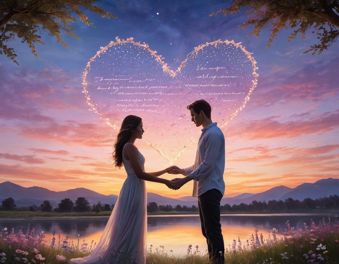 A serene scene depicting a couple exchanging heartfelt gestures under a twilight sky, surrounded by soft glowing lights. Include a handwritten love quote floating in the air, with gentle flowers blooming around them. Emphasize warmth, intimacy, and romance through pastel colors and soft textures. super-realistic. vibrant colors. 3D.