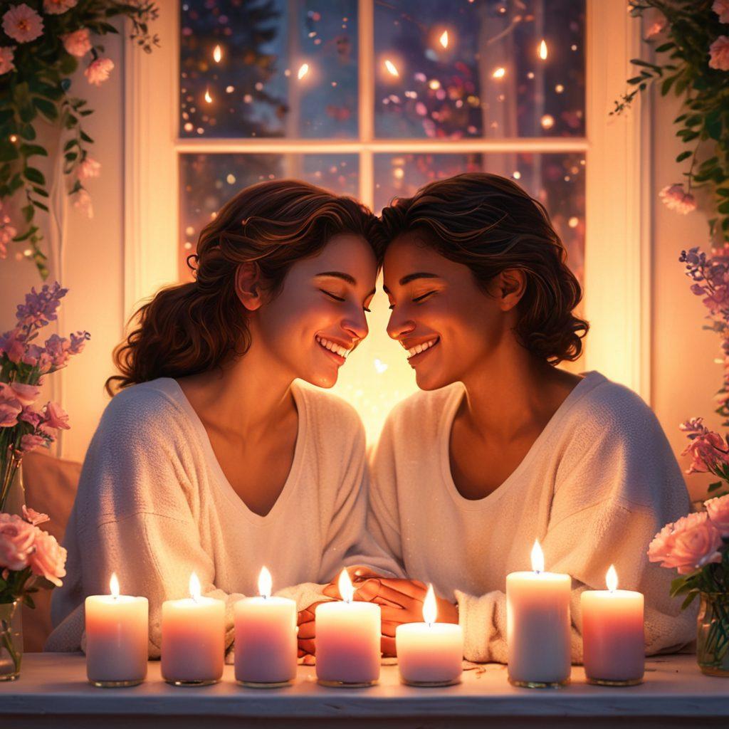 A cozy, warmly-lit setting featuring two individuals sitting closely together, sharing laughter and gaze, surrounded by soft glowing candles and blooming flowers symbolizing deep affection. A gentle heart-shaped outline in the background to represent love's essence, complemented by soft pastel colors. super-realistic. vibrant colors. romantic atmosphere.